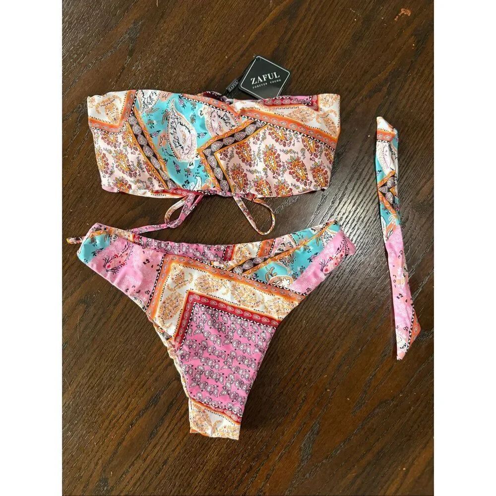 NWT Zaful Womens 2Pc Paisley Bandeau Lace Up High Waisted Bikini Set Small Large